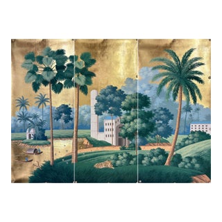 Gold Leaf Chinoiserie Tropical Hand-Painted Wallpaper, 3-Panel Set For Sale
