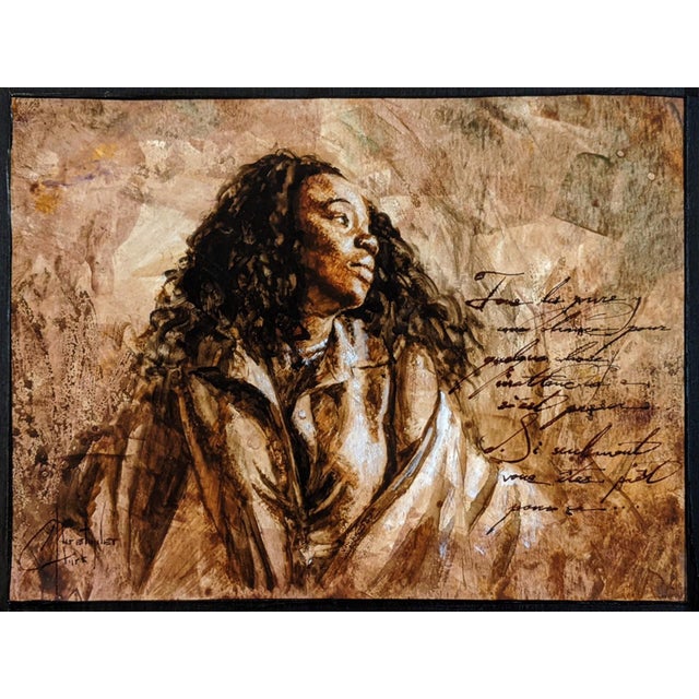 This artwork features a contemplative figure with flowing hair, rendered in a warm palette of browns and ochres. The...