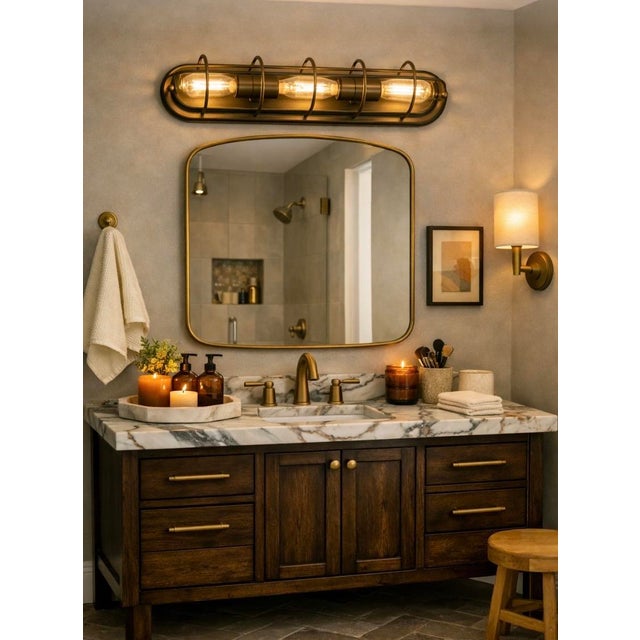 Rustic European Industrial Vintage Vanity Light. Horizontal. Exposed Filament. Caged Edison Bulbs. Brushed Brass/Bronze For Sale - Image 3 of 3