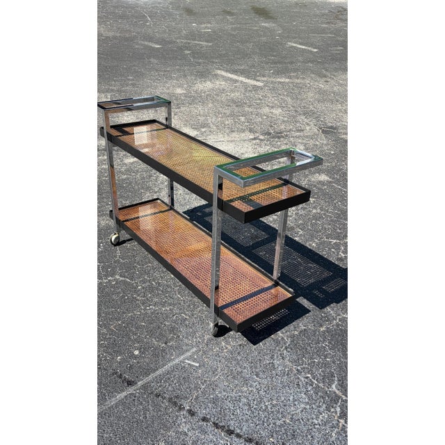 Mid-Century Modern 1960s Mid Century Cane and Heavy Chrome Two Level Bar Cart For Sale - Image 3 of 3