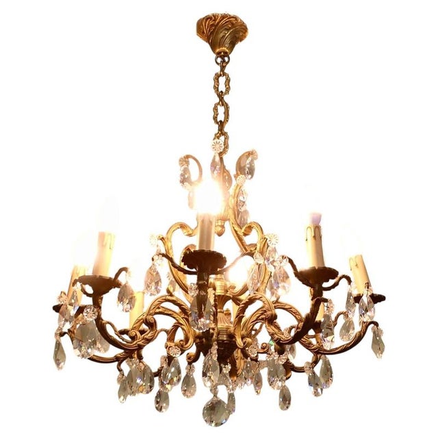 Brown Large French Brass Chandelier with Crystal Lustres, 1930 For Sale - Image 8 of 8