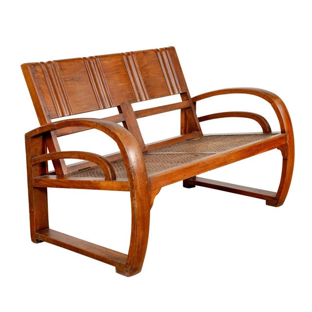 Teak Wood Settee from Madura with Folding Back, Looping Arms and Cane Seat For Sale - Image 13 of 13