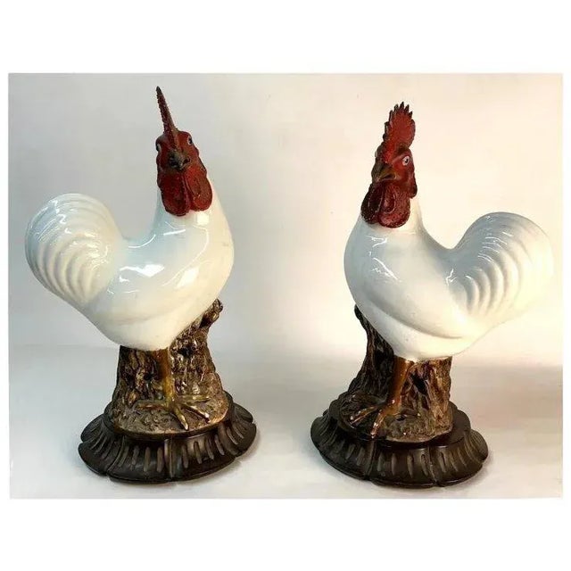 White Large 18th Century Chinese Export Porcelain Cockerels or Roosters on Fitted Carved Wood Bases - a Pair For Sale - Image 8 of 13