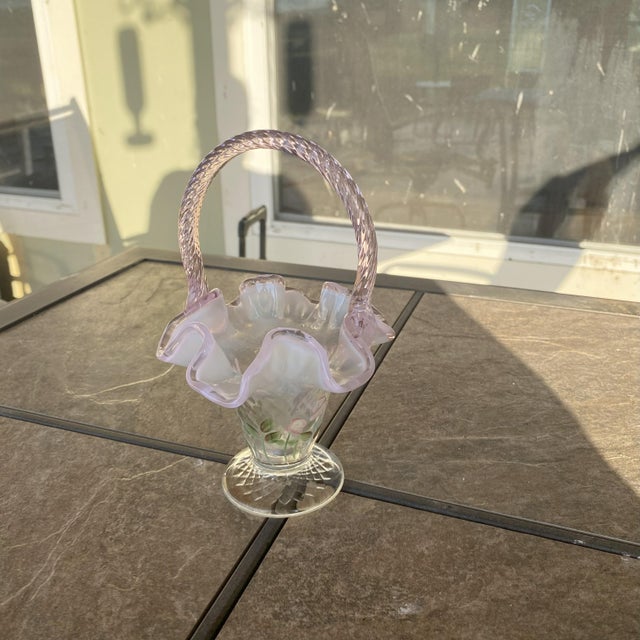Signed Hand Painted Fenton Art Glass Basket, Pink Opalescent Ruffled Edge, Signed S. Massey For Sale - Image 16 of 16