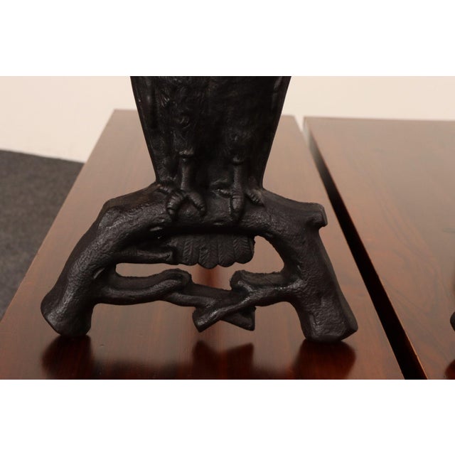 Vintage Cast Iron Perched Owl Andirons With Blue Green Glass Eyes For Sale - Image 17 of 18