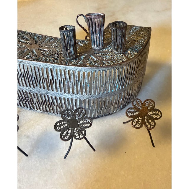 Vintage Silverplated Filigree Miniature Cocktail Bar & Stool Set - 8 Pieces - Daisy Inlay For Sale - Image 9 of 13