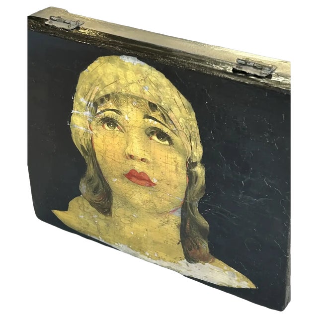 1920s Art Deco Original Portrait Painting on Box For Sale