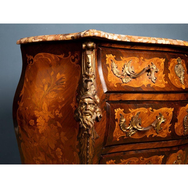 Louis XIV Style Curved Chest of Drawers with Inlays, Gilded Bronze Finishes and Marble Top For Sale - Image 4 of 8