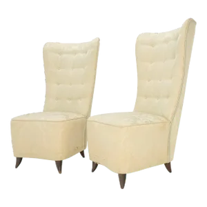 Italian Mid-Century Modern Extra Tall Back Thick Spring Seats Lounge Chairs - A Pair