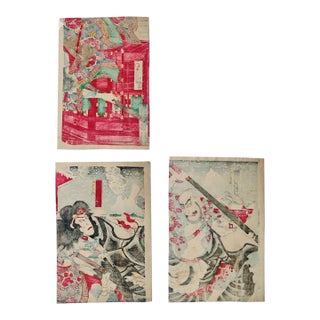 1893 Suikoden Hero Triptych | Rare Meiji Warrior Art | Museum Quality Japanese Woodblock For Sale