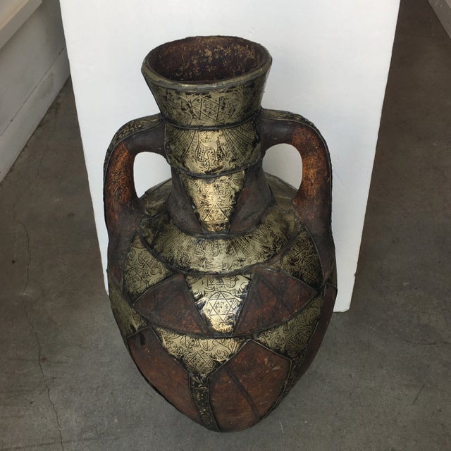 Tribal Incised Metal and Clay Hand - Made Moroccan Double - Handle Urn For Sale - Image 3 of 13