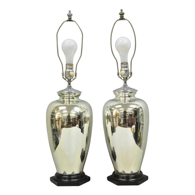 Vintage Mid Century Modern Silver Mercury Glass Jardiniere Vase Table Lamps Pair For Sale