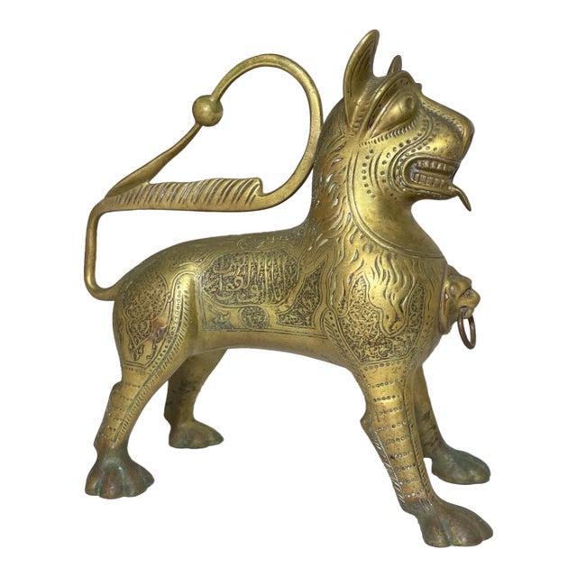 Antique 1800's Bronze Brass Aquamanile Lion Oil Lamp Lighter Temple Lion Statue For Sale