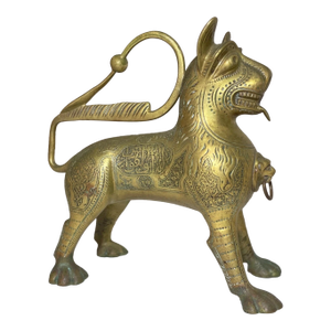 Antique 1800's Bronze Brass Aquamanile Lion Oil Lamp Lighter Temple Lion Statue