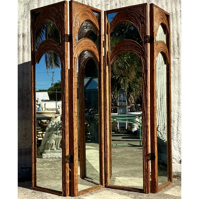 Coastal Vintage Coastal Arched Split Reed Palm Mirrored Screen For Sale - Image 3 of 5