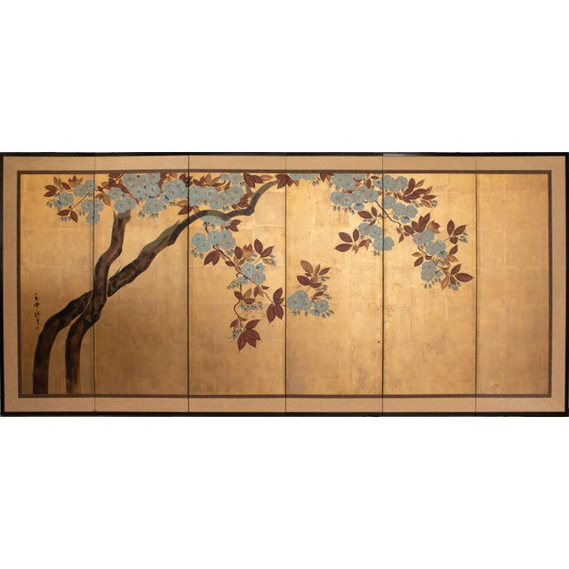 C. 1970s Chinese Six-Panel Gold Leaf Style Painted Screen "Blossoming Plum Tree" For Sale - Image 14 of 14