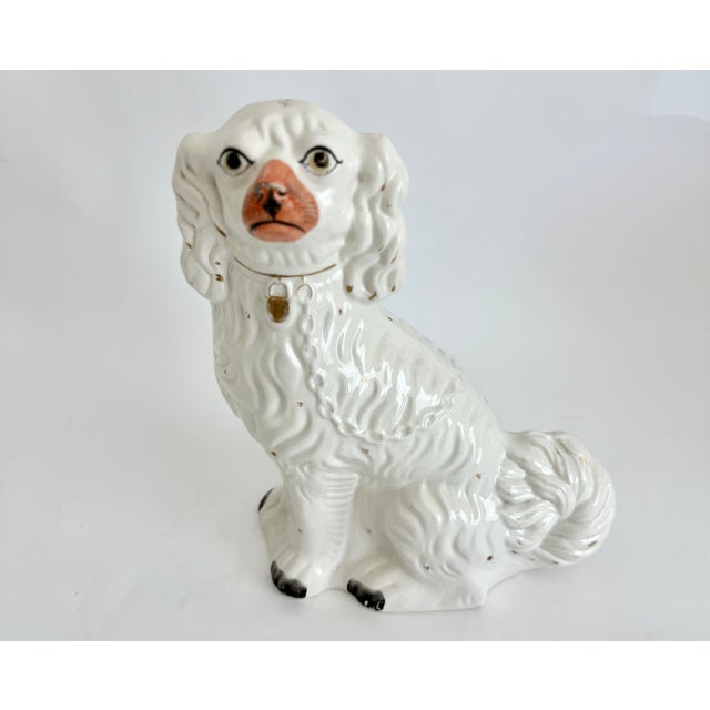 Ceramic Antique 19th C White Staffordshire Spaniel Mantel Dogs - A Pair For Sale - Image 7 of 18
