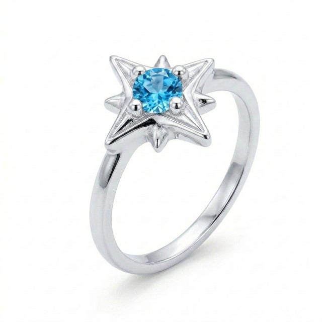 Swiss Blue Topaz Compass Ring, Celestial Star Style Shape Ring Us 7 For Sale - Image 4 of 4