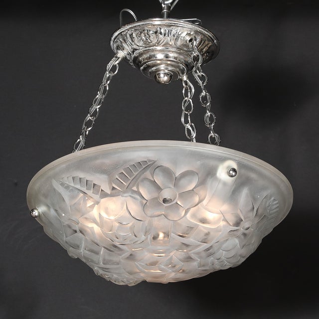 1930s Art Deco Frosted Glass Floral Cubist Chandelier W/ Chrome Fittings Signed Degué For Sale - Image 5 of 18