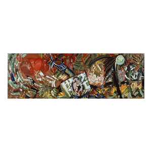 "Love Money", 1998. Mixed Media, Landscape on Wood Panel by Joe Ginsberg. Oil, Charcoal, Acrylic and Collage. Warm Fall Colors and Vibrant Tones.