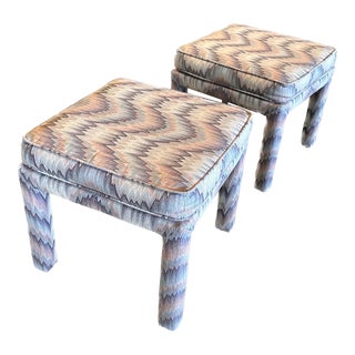 1980s Vintage Pair of Ethan Allen Billy Baldwin Style Ottomans in Original Lavender Purple Flame Stitch For Sale