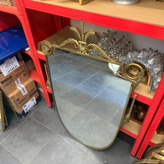 1950s Gio Ponti Style Mid-Century Modern Brass Shield Wall Mirror For Sale - Image 12 of 14
