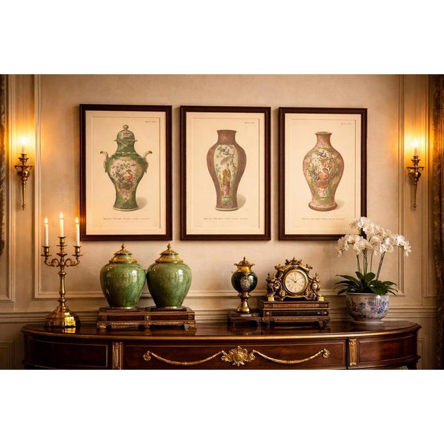 This elegant pair of original chromolithographs illustrates two contrasting yet harmonious worcester porcelain vase...