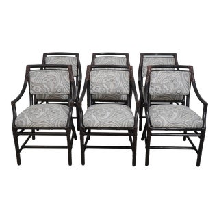 Set of 6 McGuire Rattan Upholstered Arm Dining Chairs For Sale