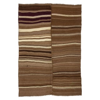 1960s Vintage Natural Brown Striped Wool Turkish Kilim Rug- 6′6″ × 9′2″ For Sale