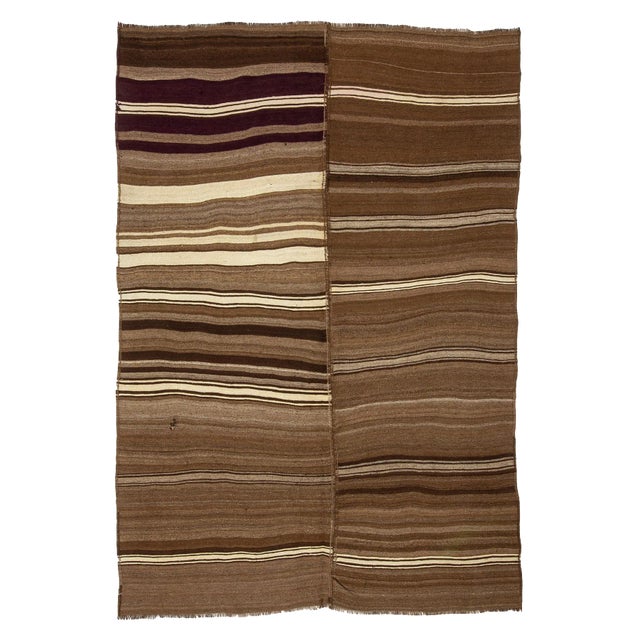 1960s Vintage Natural Brown Striped Wool Turkish Kilim Rug- 6′6″ × 9′2″ For Sale
