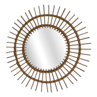 Vintage Round Bamboo Mirror with Faceted Glass, 1950s For Sale