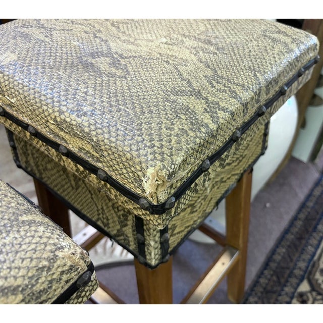 Mid Century Faux Snakeskin Upholstered Wood Stools - Signed For Sale - Image 9 of 15