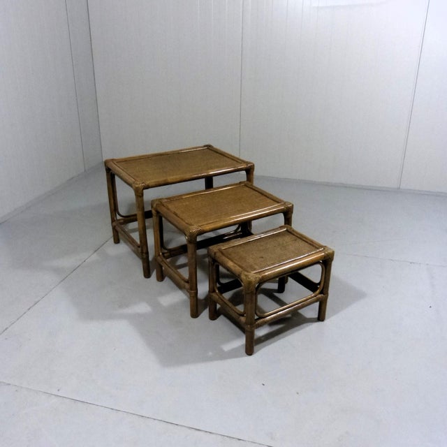 Wood Rattan Nesting Tables, 1970s, Set of 3 For Sale - Image 7 of 10
