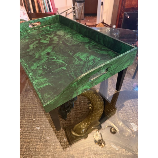 Modern A Modern Style Breakfast in Bed Tray Handmade and Hand Painted in Wood Faux Malachite For Sale - Image 3 of 4