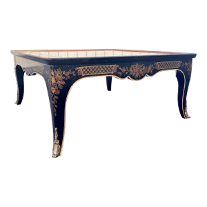 Drexel Heritage Et Cetera Ebonized Hand Painted Burlwood Chinoiserie Coffee Table With Glass Insert Top