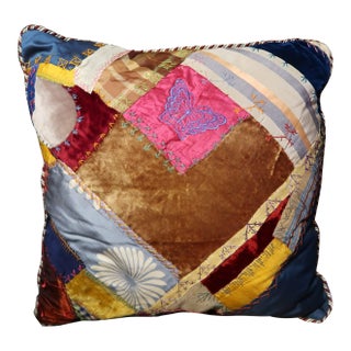 1870s Antique Crazy Quilt Pillow 18 Inches 3 For Sale
