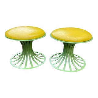 1950s Lee Woodard Mid-Century Modern Green and Yellow Aluminum Ottoman/Footstools- Set of 2 For Sale