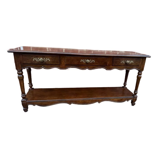 Vintage French Country Style Oak 2 Tier Sofa Console Table by Hickory For Sale