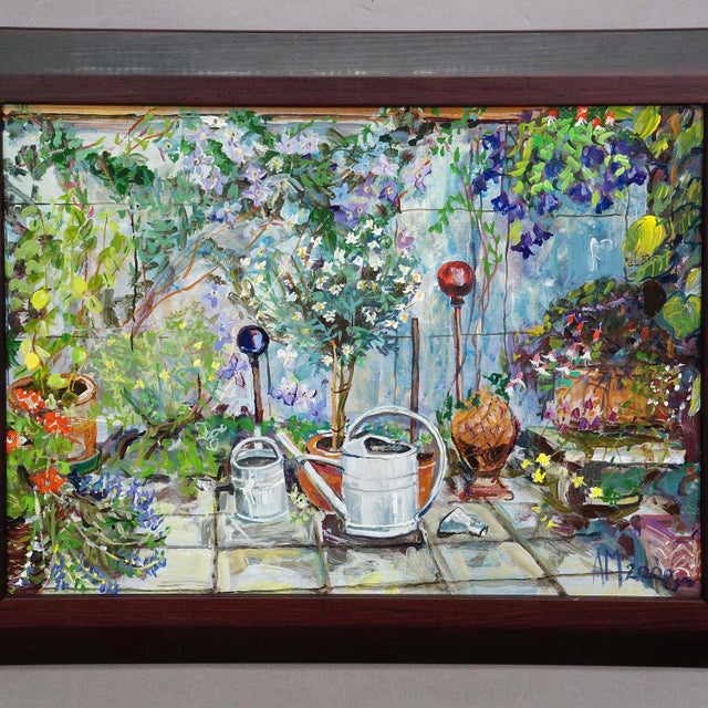 Impressionist Garden Clematis With Watering Cans, 2000 – Oil Painting by Alexander Michael For Sale - Image 3 of 6