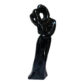 Mid-Century The Lovers Figurative Sculpture Black High Gloss Glaze Ceramic Statue For Sale