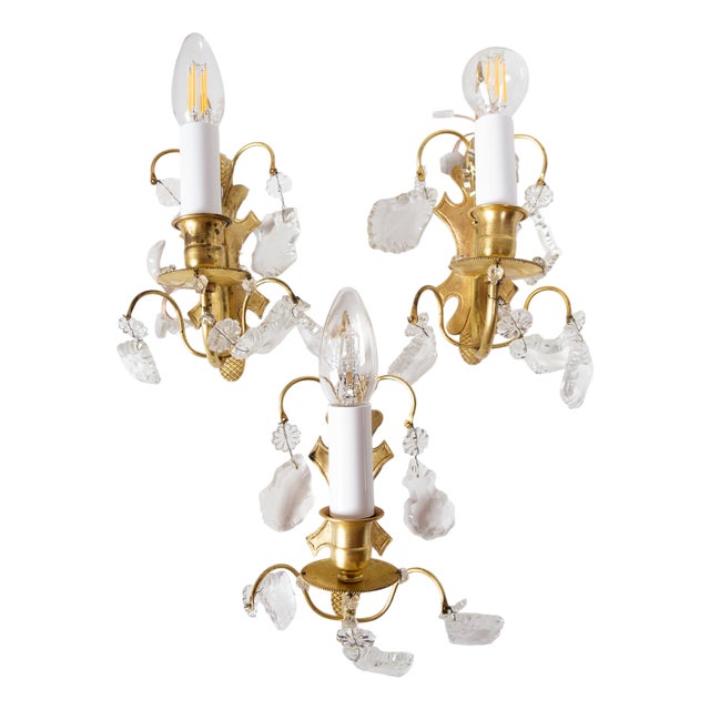 Vintage French Brass and Crystal Wall Light, 1950s For Sale