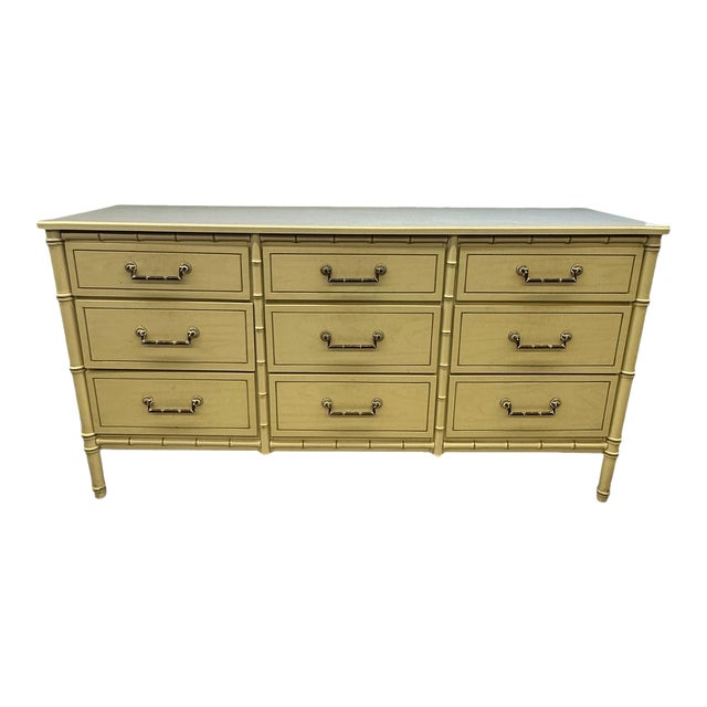 Vintage Palm Beach Regency "Bali Hai" Henry Link Style Cream Colored Faux Bamboo Nine Drawer Dresser For Sale