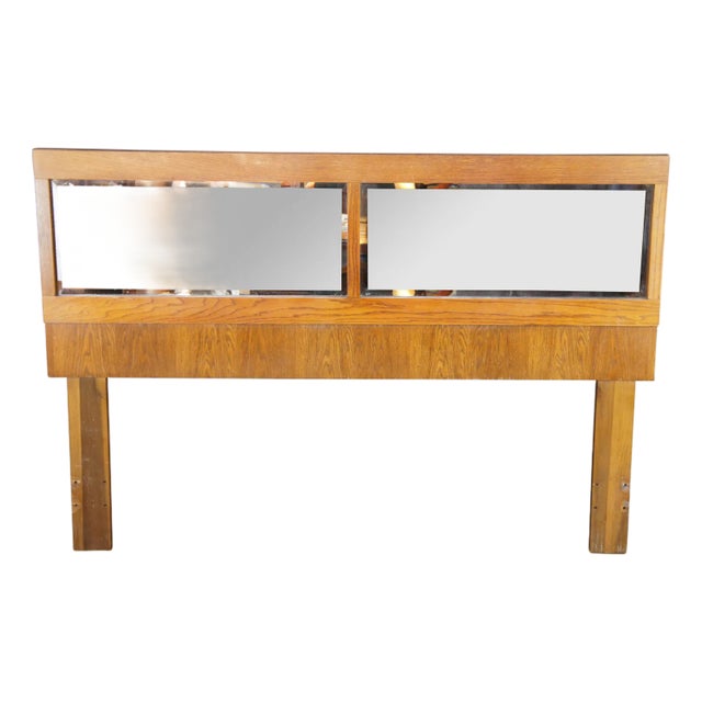 Mid Century Modern Attributed to Lane Staccato Brutalist Oak Mirrored Full Headboard For Sale