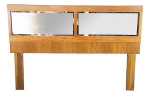 Mid Century Modern Attributed to Lane Staccato Brutalist Oak Mirrored Full Headboard