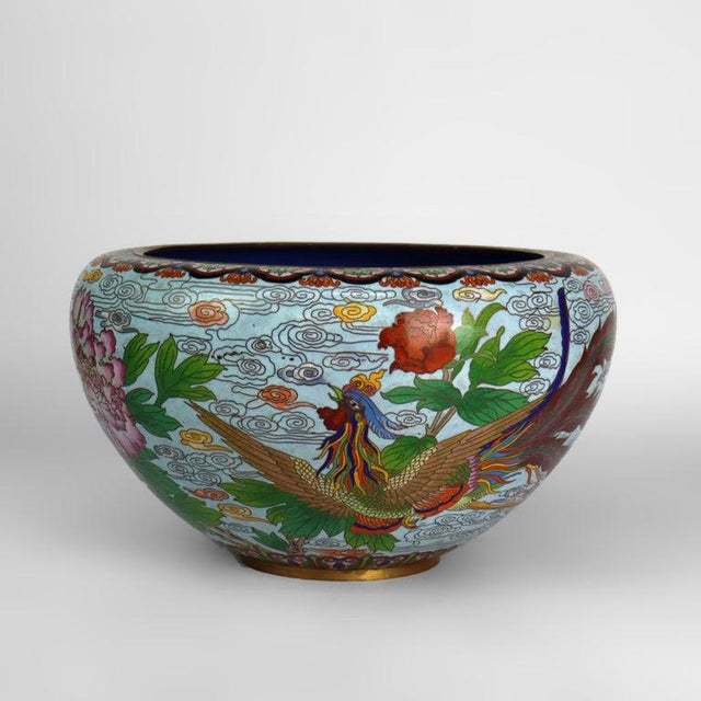 Oversized Vintage Chinese Cloisonne Enameled Bowl With Floral & Pheasants 20thC For Sale - Image 6 of 11