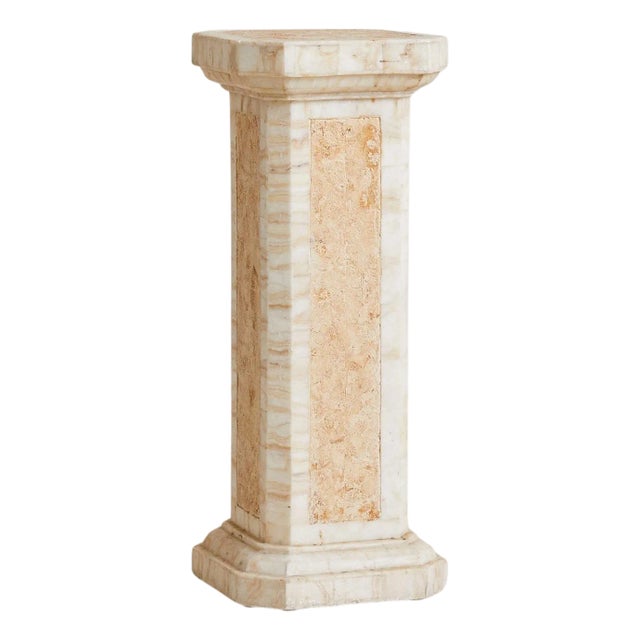 Italian Octagonal Travertine Pedestal with Inlaid Panels, 1970s For Sale