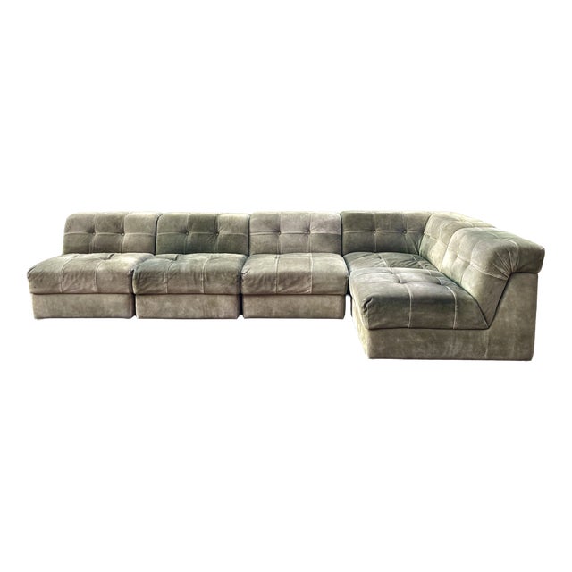 Vintage Green Suede Modular Sofa, 1970s, Set of 5 For Sale