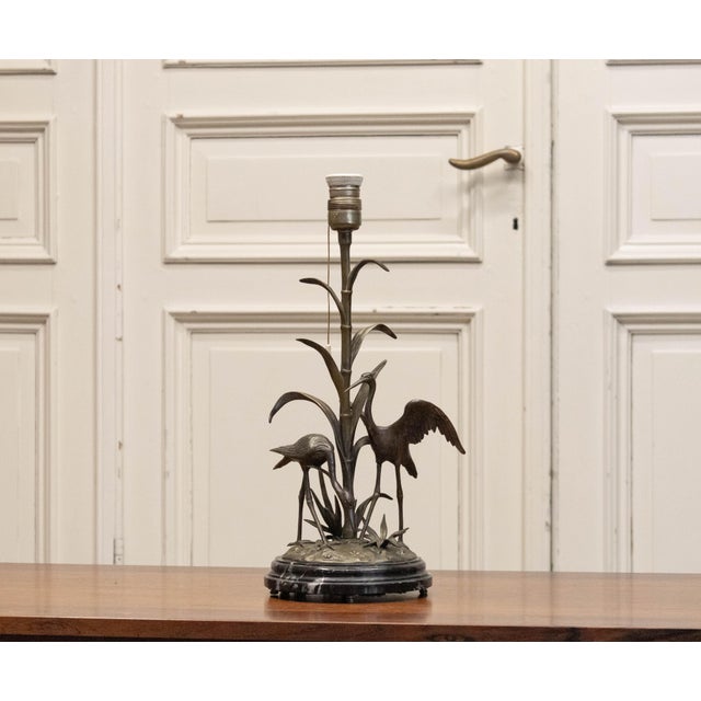 Mid-Century Modern Table Lamp with Crane Bird Scene in Brass on Black Marble Base from Agudo, 1940s For Sale - Image 3 of 9