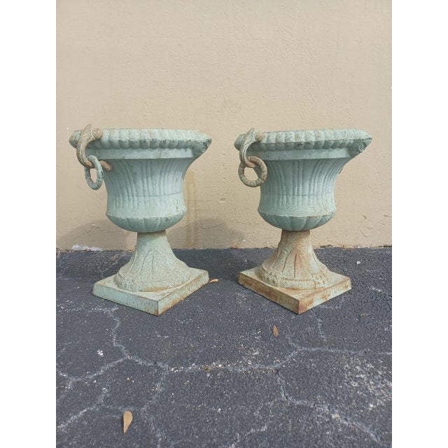 Antique Pair of Green Cast Iron Urns For Sale - Image 4 of 4