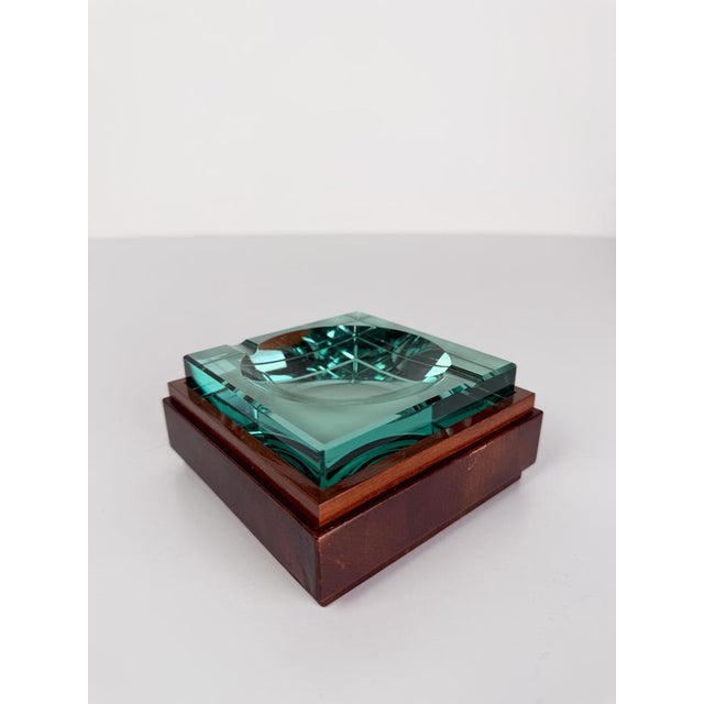 Mid-Century Italian Green Cut Glass and Leather Ashtray in the style of Fontana Arte, 1970s For Sale - Image 10 of 16